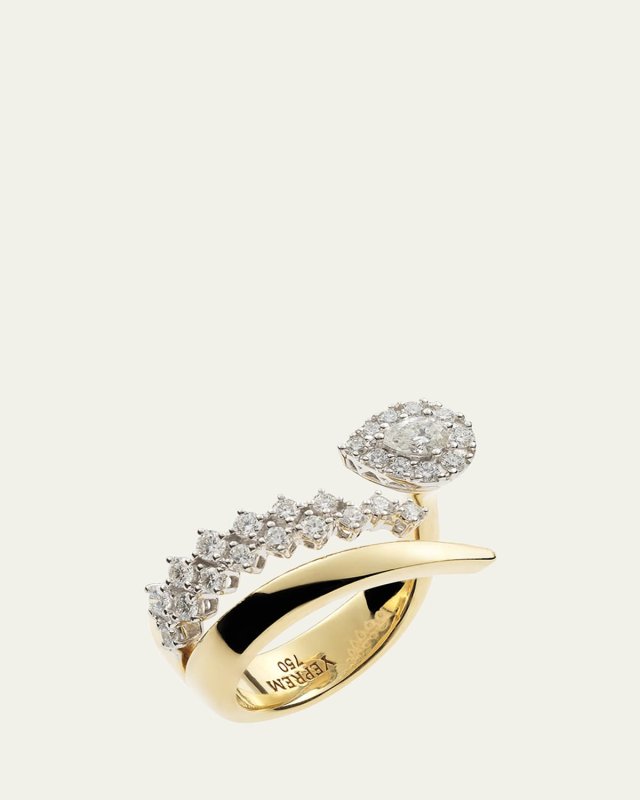 18K Yellow Gold Round Diamond and Pear Diamond 3 Part Open Ring